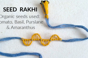 Blue & Yellow seed rakhi made with organic cotton - embedded with organic seeds of tomato, amaranthus, basil, purslane