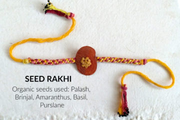 Red & yellow organic cotton rakhi studded with organic seeds of Palash, Brinjal, Amaranthus, Basil, Purslane