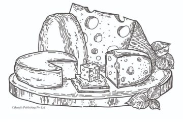 Black and white sketch of a cheese board, with a variety of cheeses on it.