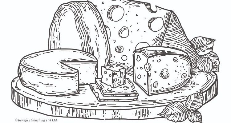 Black and white sketch of a cheese board, with a variety of cheeses on it.