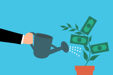 Artwork depicting a business person watering a potted plant which is growing money - Pure & Eco India