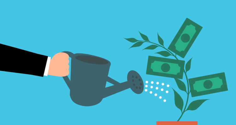 Artwork depicting a business person watering a potted plant which is growing money - Pure & Eco India